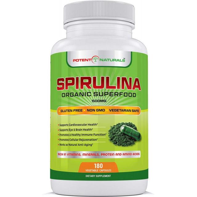 유력한 Naturals Spirulina 180 식물성 캡슐-유기농 순수 녹조류 슈퍼 푸드식이 보충제-단백질 비타민, 1