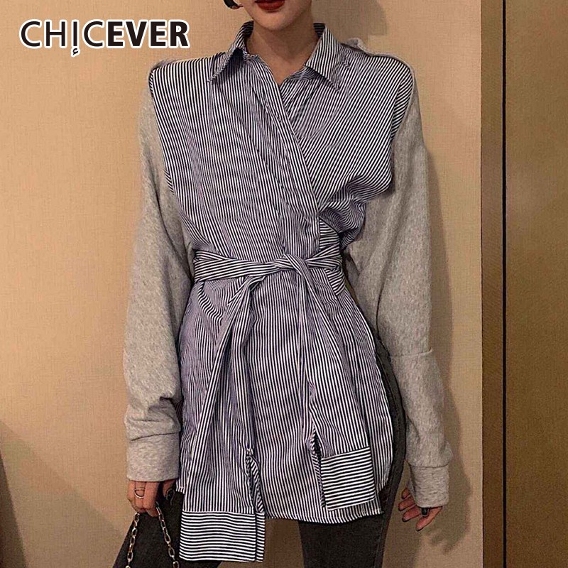 Chicever 한국어 스트라이프 히트 컬러 여성용 셔츠 옷깃 칼라 랜턴 슬리브 하이 웨이스트 붕대 블라우스 여성 2019 가을 패션