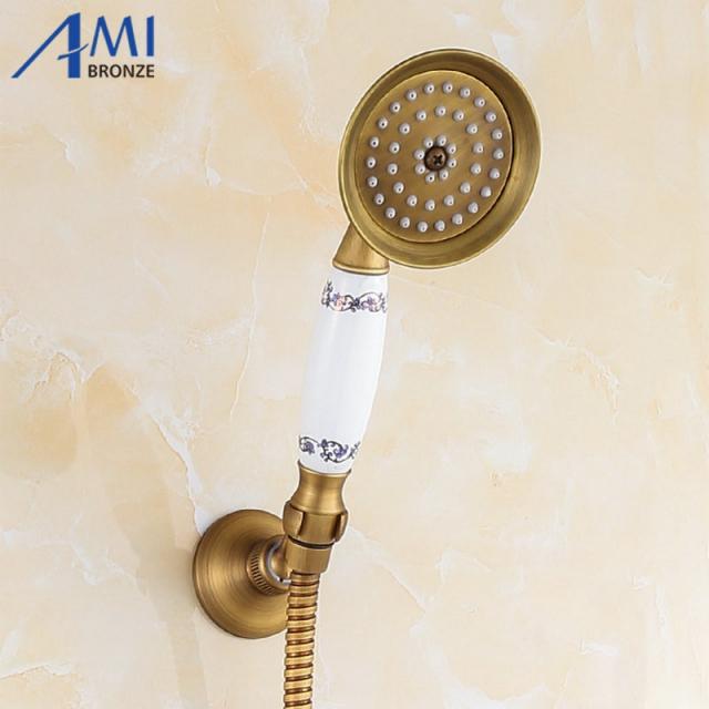 Amibronze 골동품 황동 및 도자기 욕실 라운드 핸드 샤워 헤드 강우량 샤워 수도꼭지 분무기 샤워 헤드, Golden A style