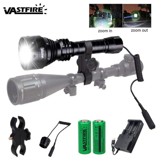 VASTFIRE T67 1300LM 화이트 줌 가능 사냥 손전등 500 야드 전술 무기 건 라이트 + 스위치 + 20mm 레일 마, 04 full set with 26650