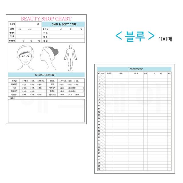 에스테아 피부카르테 100매 고객카드 피부관리실 고객차트 두꺼운타입, 1개, 뉴블루