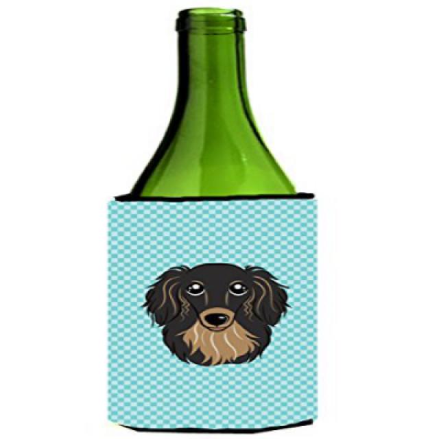 Checkerboard Blue Longhair Black and Tan Dachshund Wine Bottle Beverage Insulator Hugger 바둑판 블루 상아탑, 1