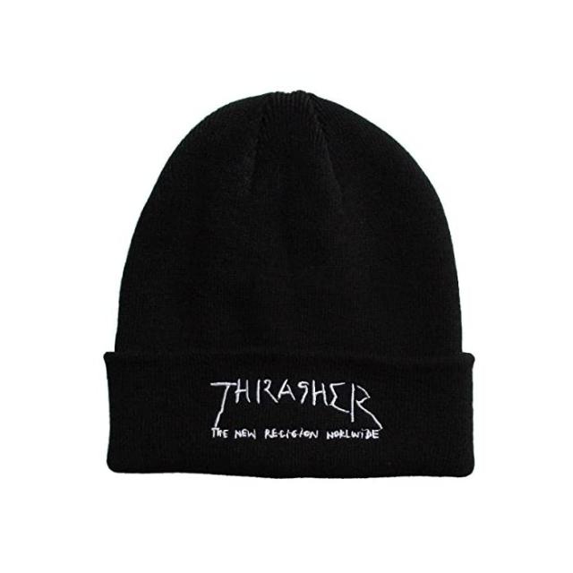 THRASHER (채찍질) (공포) GONZ LOGO 자수 아크릴 플랫 편직 비니 니트 모자 남성 여성 제품 BLACK