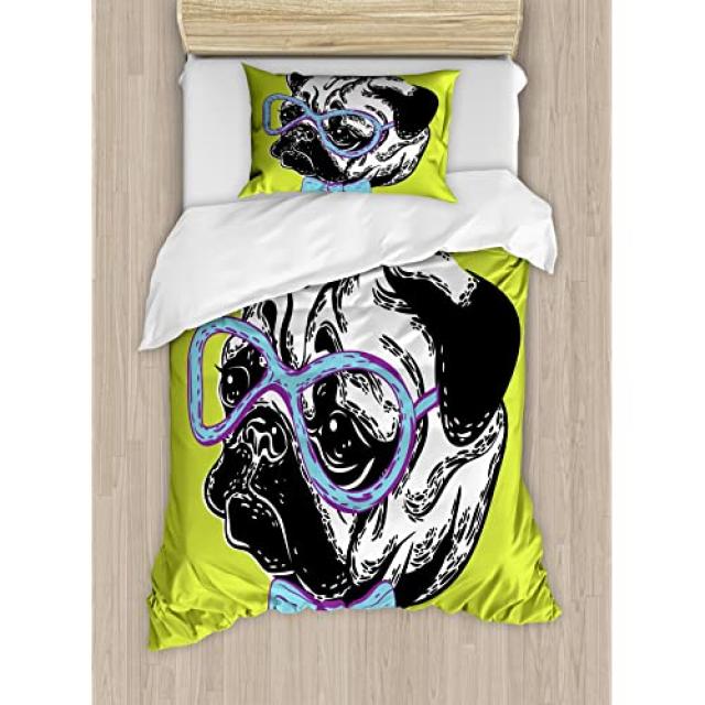 Ambesonne Pug Duvet Cover Set Dog with a Bow Tie and Nerdy Glasses on Gre (Twin Size Apple Green)