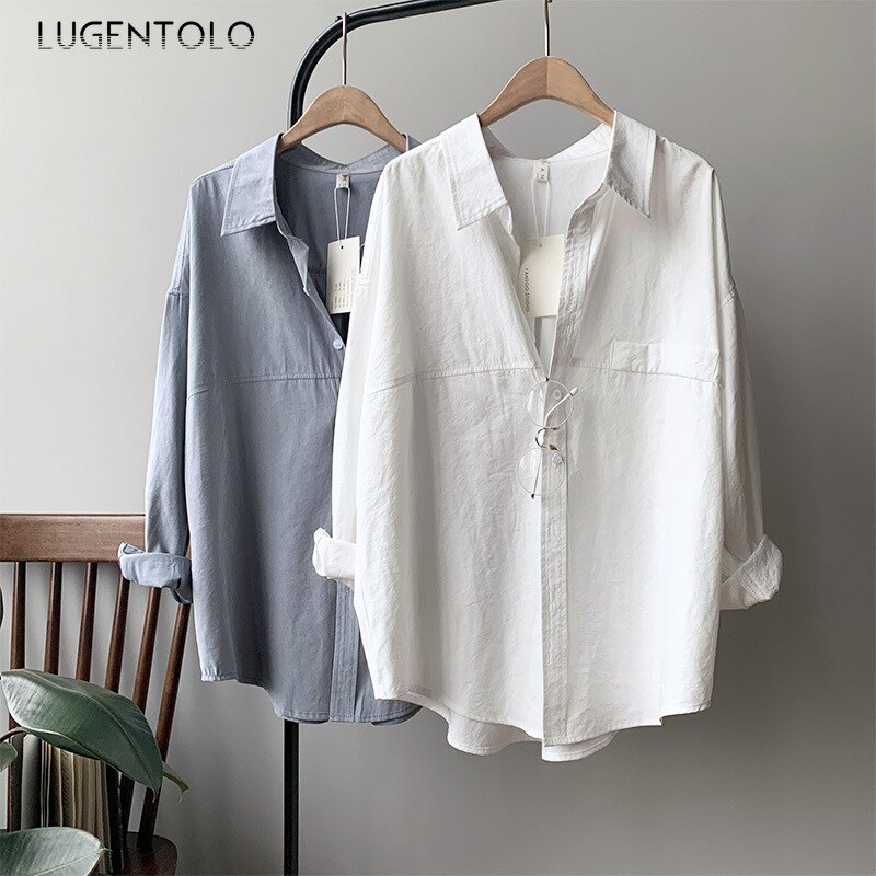 Lugentolo women shirts 가을 새 긴 소매 컨투어 모조 스웨이드 빈티지 루스 버튼 턴 다운 칼라 솔리드 컬러 셔츠