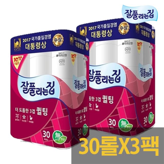 잘풀리는집 더 도톰한 3겹데코 퀼팅 30M X30롤X3팩, 단품, 30롤