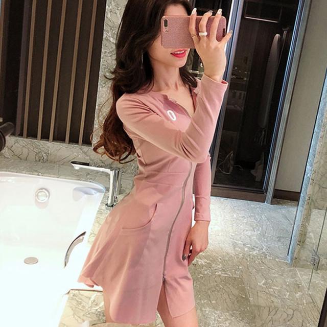 더바이히어로 브이넥 긴팔 나이트클럽 여성복 신 가을 섹시 긴소매원피스 슬림 힙랩 사우나 족욕 마사지사 유니폼