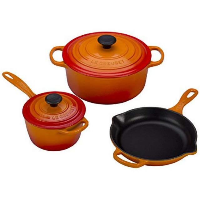 르크루제 냄비 & 프라이팬 세트 Le Creuset MS1605-2 Signature Enameled Cast Iron Cookware Set 5-Piece Flame, 본문참고, Color = Flame