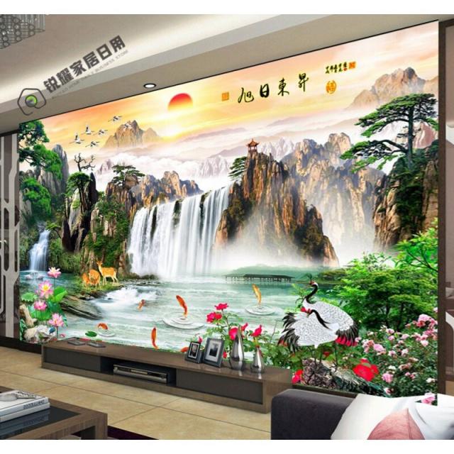 송 년 3d 입체적인 풍수 와 그림 배경 벽 벽화 중식 풍경 장식 텔레비전 벽지 산수화 거실 영상 벽지 Y 틈 없 는 수입 캔버스 / 평방미터 벽지 + 특수 풀