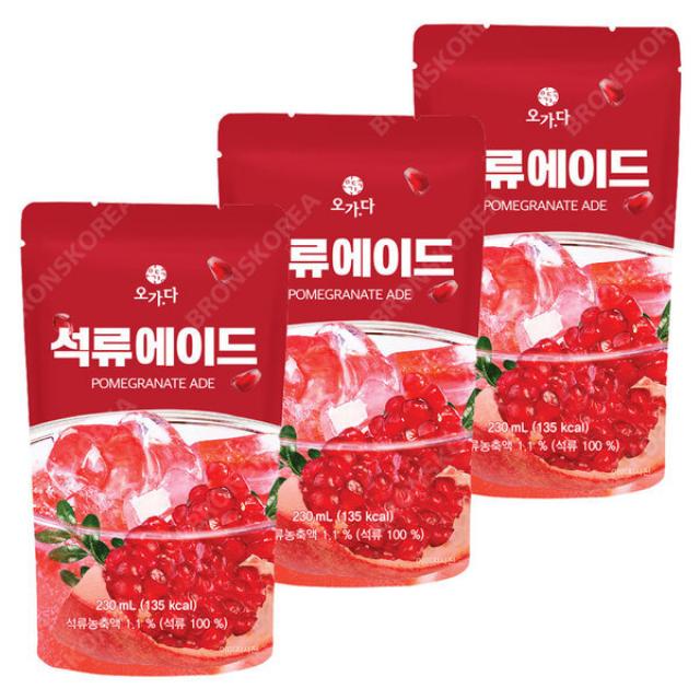 웰그린 오가다 석류에이드(230ml X 10개)-3개(총 30개) 편의점 아이스 음료 파우치, 단일상품