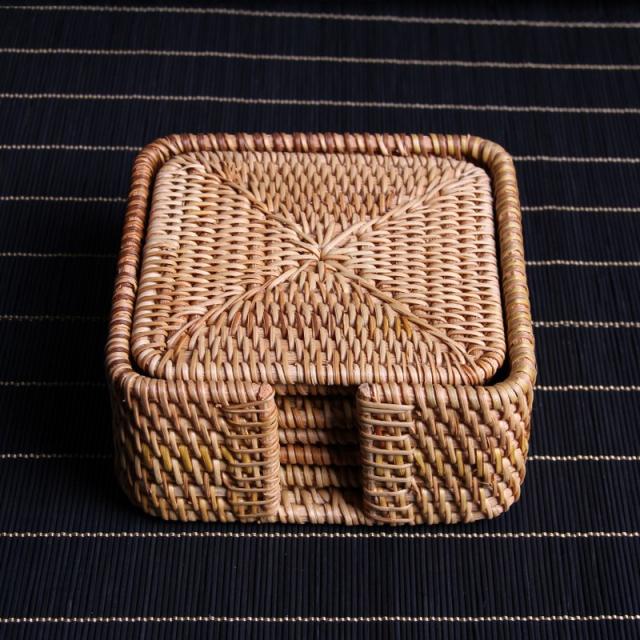 라탄테이블매트 컵받침 라탄 수공 티매트 식탁보 냄비받침대 아이디어 그릇받침패드 열차단받침대 화상방지 바닥쟁반 공부차 도, T03-라탄 정방형방석 세트포장-8센티미터 세트포장, 기본