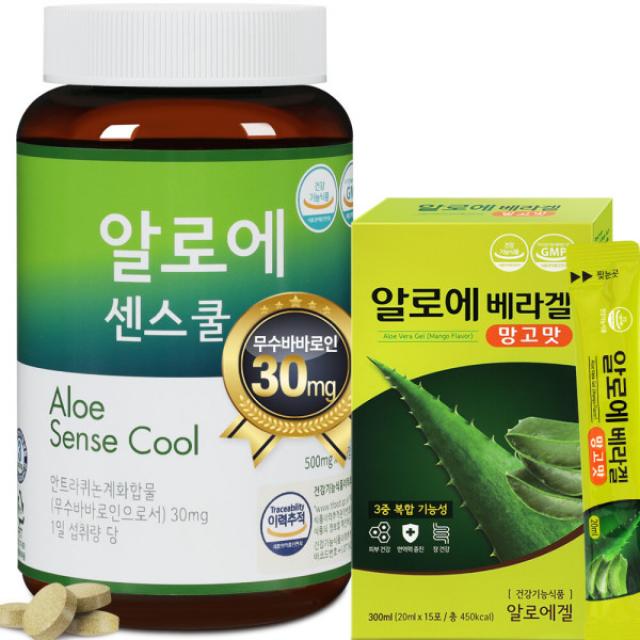 알로에 센스쿨 3개월총360정/쾌변+배변활동에 도움+알로에겔 망고맛 1박스20g15포, 단일상품