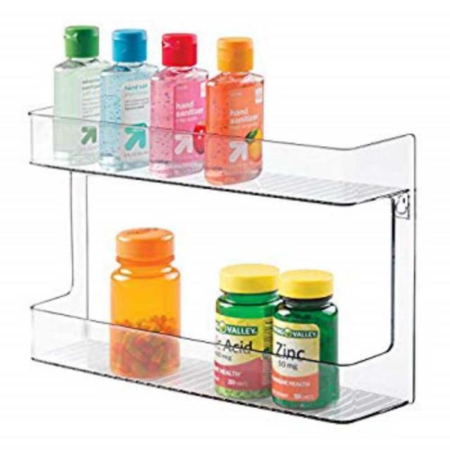 mDesign Plastic Wall Mount 2 Tier Storage Organizer Shelf to Hold Vitamins Supplements Aspirin Medicine Bottles Ess, 1