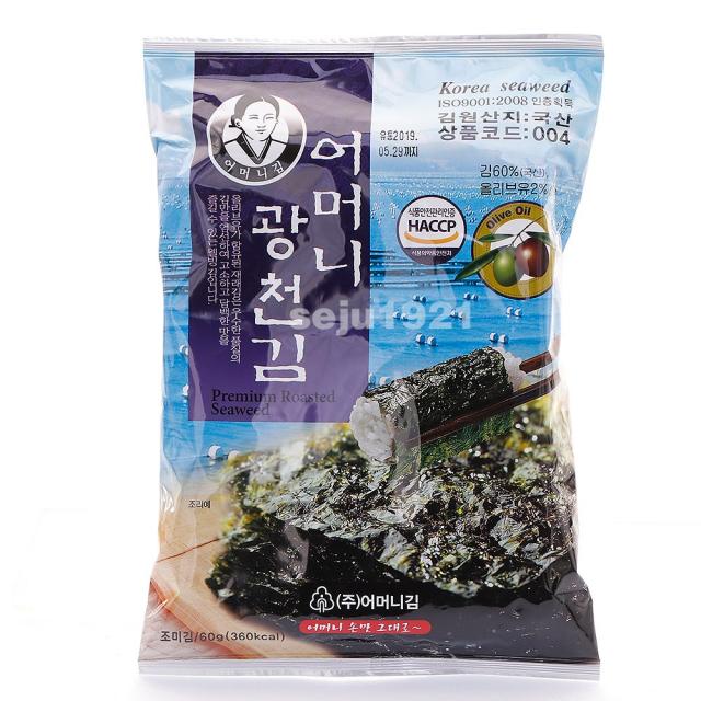 광천어머니김/전장김 60g X 20봉 1box/김 60%/올리브유 2%/전장김/식탁김/도식락김/돌자반/구운김/김밥김, 단일상품