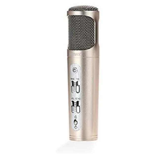 REMAX K02 MICROPHONE 콘덴서 마이크 콘덴서 효과 이펙터 에코 고역 볼륨 기록 충전식 배터리 내장 레코딩, 골드 콘덴서 마이크