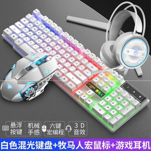 기계식키보드 마우스 세트포장 검푸른색 식펜 노트 컴퓨터 유선 가정용 리얼기계식 3.0, 기본, T14-화이트 혼광 키보드+지프 매크로마우스+이어폰