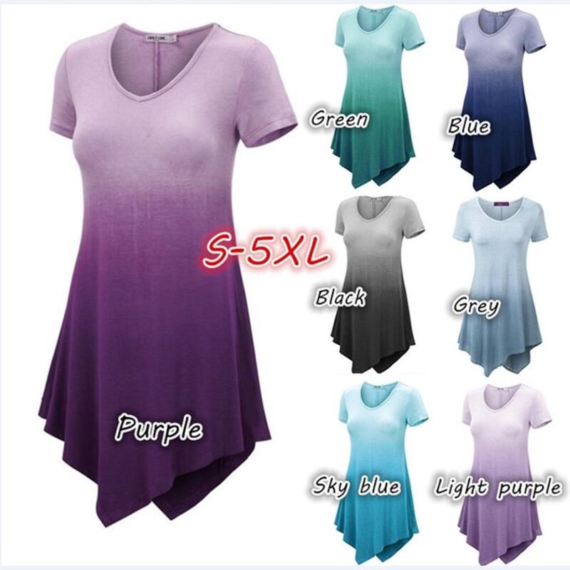 S 5XL 플러스 사이즈 여성 탑 여름 여성 루즈 캐주얼 그라데이션 티셔츠 반팔 2019 새로운 불규칙한 교수형 염색 짧은 티셔츠