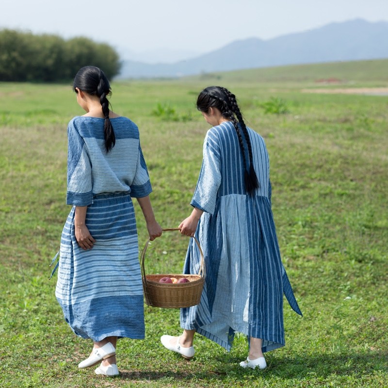 여성 가벼운 린넨 여행룩 원피스 선견성 없는 봄가을 린넨 스트라이프 디자인 슬럽 원피스 칠부 소