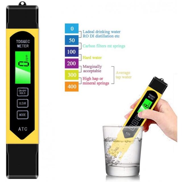 Stanaway TDS 미터 디지털 수질경도 시험 미터 키트 수족관 4 in 1 0-9990ppm 먹는물용 전도도 미터(노란색)