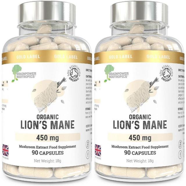 Brainpower Nootropics 영국 Organic Lion's Mane 유기농 사자 갈기 버섯 450mg 60캡슐 x 2팩, -