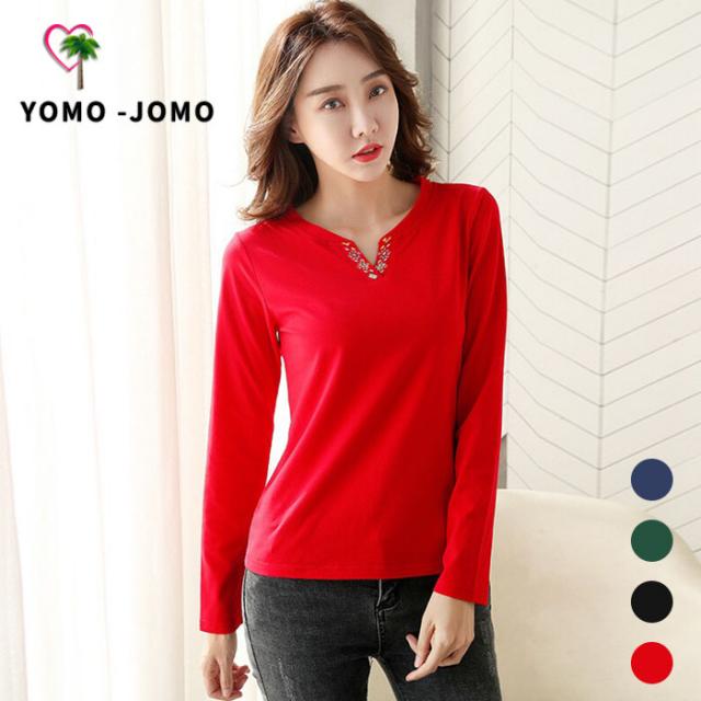 요모조모 여성 면 브이넥 에스닉 빈티지 긴팔 티셔츠 YJS342