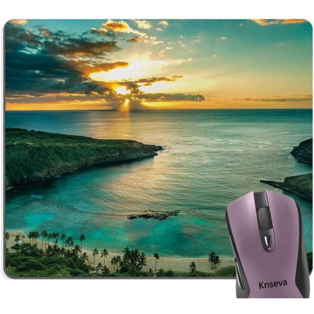 Knseva Hawaiian Scene Mouse Pad Sunrise Over Hanauma Bay Oahu Hawaii Sunbeams through Clouds 해안선 풍경 마우스 패드, 단일옵션