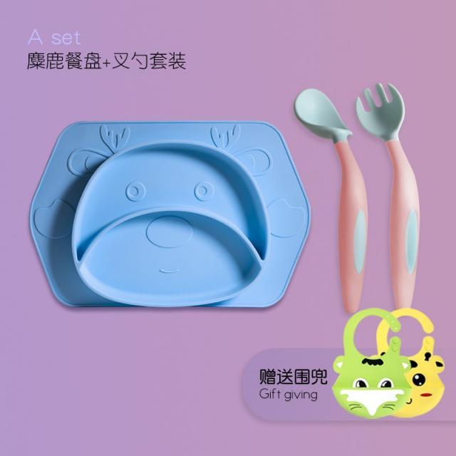 유아용 실리콘 접시 패드 식기 세트 동물 모양 교정용 실리콘 젓가락 포크 숟가락 깨지지 않는, 실리콘 디너 플레이트 (파랑 폰) + 포크 스푼 (파랑) + 턱받이 (랜덤 컬러)