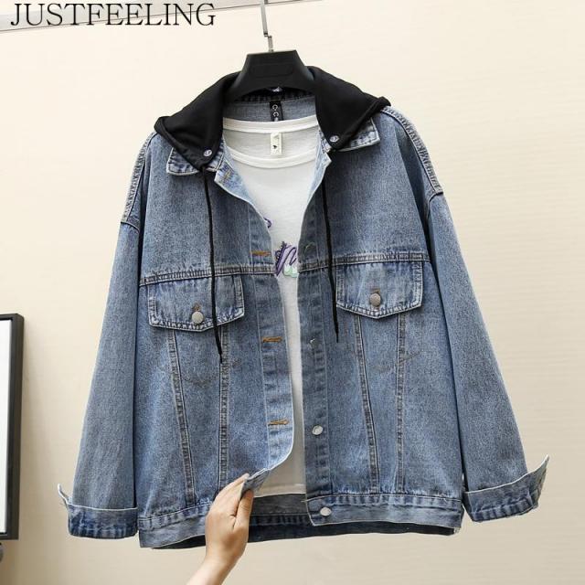JUSTFEELING 빅사이즈 후드 데님자켓 오버핏 긴팔 여성 청잠바 자수 레터링 편안한 코트 데일리