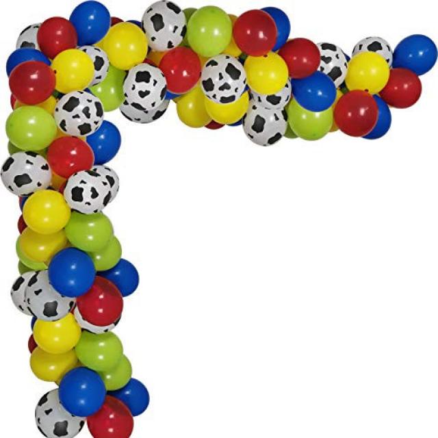 100 Pack Toy Story Party Birthday Balloons Arch Garland 12 INCH Cow Pattern Printed Balloons Yellow Red Blue Green Latex Balloons for Kids Birthd, 본문참고
