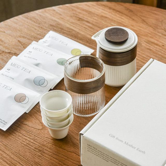 [부부티하우스] 선물세트 심플 화이트 차도구세트 + 메그티 홀리프 티(Tea) 컬렉션, 다도 다기세트