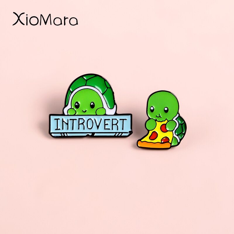 Introvert tortoise eanmel pins 재미 있은 따옴표 배너 anti social pizza 동물 배지 냉소적 인 남여 남성 여성 브로치 핀