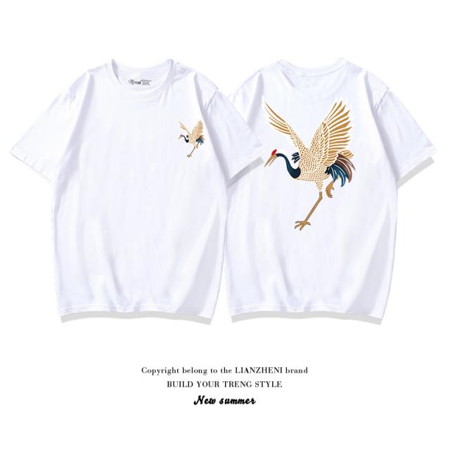 DIPYLON 짱구 반팔티 두루미 티셔츠 여 반팔 면 커플룩 남루한풍 중국풍 상의에, M