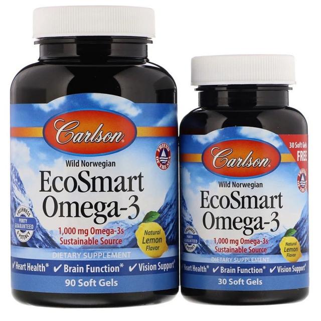 Carlson Labs EcoSmart Omega-3 칼슨 랩스 에코스마트 오메가3 레몬향 1000mg 소프트젤 90+30정 심혈관 동맥 건강