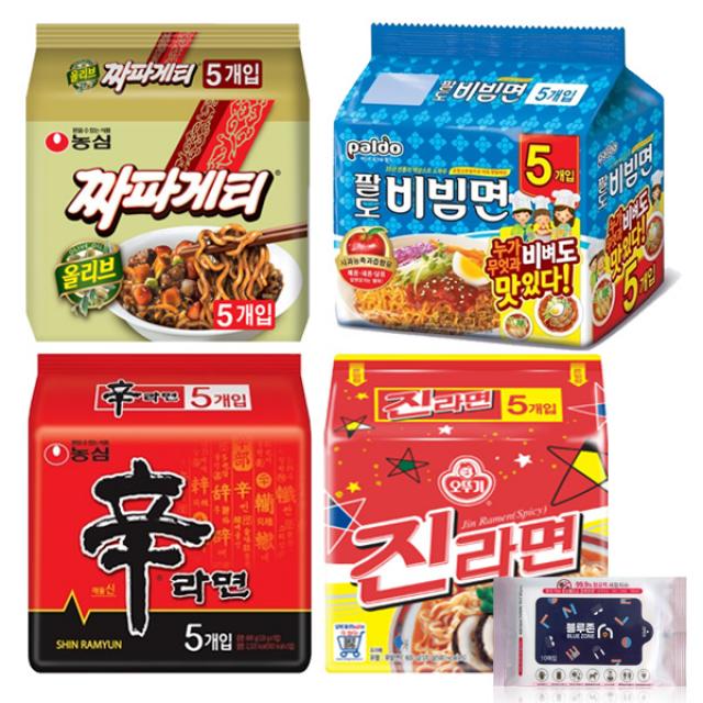 오뚜기 농심 팔도 멀티팩 4종 세트 신라면5p + 진라면매운맛5p + 짜파게티5p+ 팔도비빔면5p + 블루존물티슈 1세트