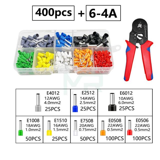 크림프 커넥터 절연 코드 핀 엔드 터미널 키트 세트 400 개, 관형 크림핑 커넥터 플라이어 모듬, 02 400PCS 6-4A