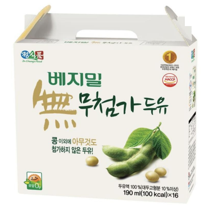 콩 이외에 아무것도 첨가하지 않은 두유! 정식품 베지밀 무첨가 두유 190ML*16입, 1박스