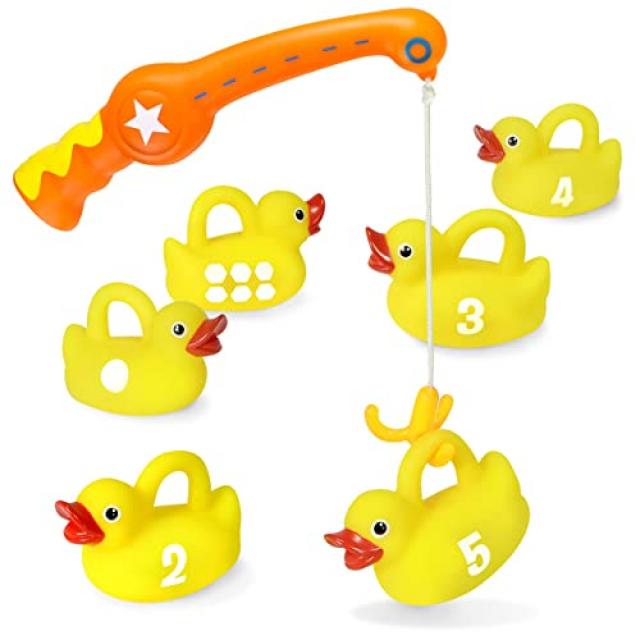 Kidzlane Bath Toy Fishing Game-1 장난감 낚싯대와 6 개의 고무 오리-숫자 모양을 가르치고-무공 성 곰팡이 방지 디자인-아기와 유아를위한 우수한 학습 장난감, 본상품