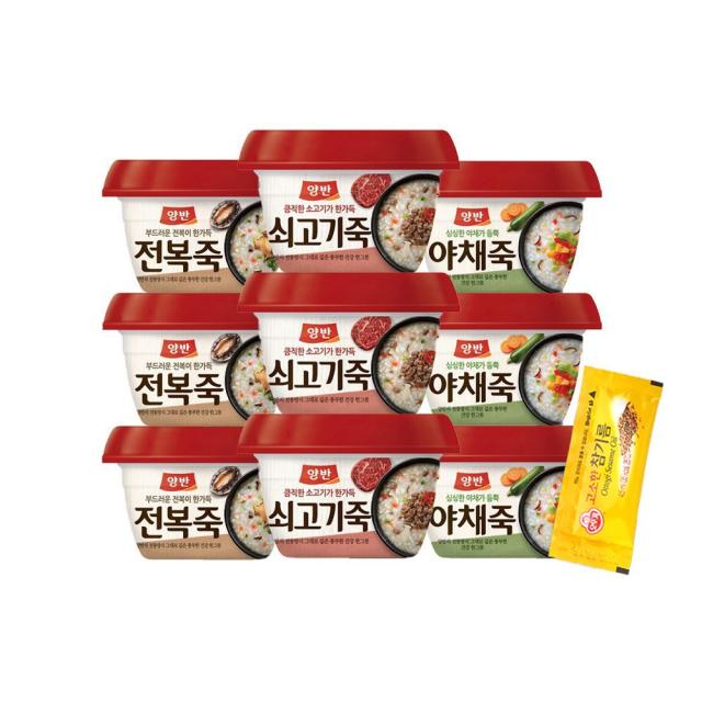 동원 양반 용기죽285g (쇠고기죽3개+야채죽3개+전복죽3개) +오뚜기 고소한참기름4.5g 1개, 동원죽(쇠고기+야채죽+전복죽 3개씩)+참기름4.5g1개