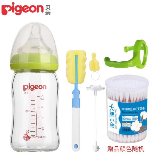 베 인 (pigeon) 유리 젖병 신생아 갓난아기 첫 아 기 를 낳 을 때 넓 은 입 우유병 세트 그린 160 ml (ss) + 손잡이 + 젖병 빨대 + 젖병 솔, 상세페이지 참조