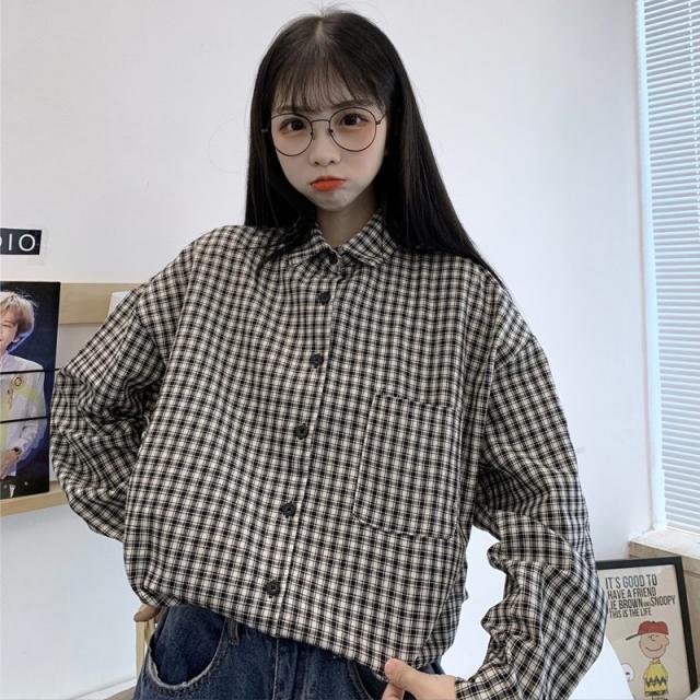 체크셔츠남방 격자셔츠 격자무늬셔츠 클래식 여성 학생 감각 보이핏 볼륨 하라쥬크 무드 BF 와이드 루즈핏 계 긴 소매