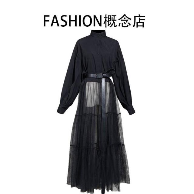 시스루원피스 fashion망사 여성원피스 2020봄신상 유럽미국 패치워크 대중적인디자인 셔츠 롱스커트