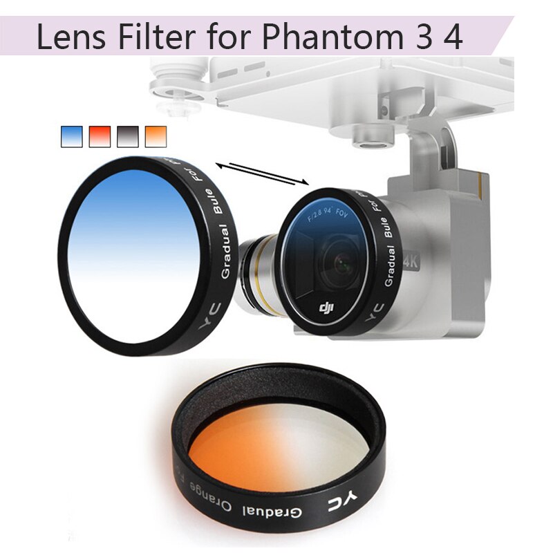 점진적 색상 블루 오렌지 레드 그레이 렌즈 필터 dji 팬텀 3 3a 3 p 3 s se 팬텀 4 드론 카메라 렌즈 필터 스냅 디자인, 1개, Red^0