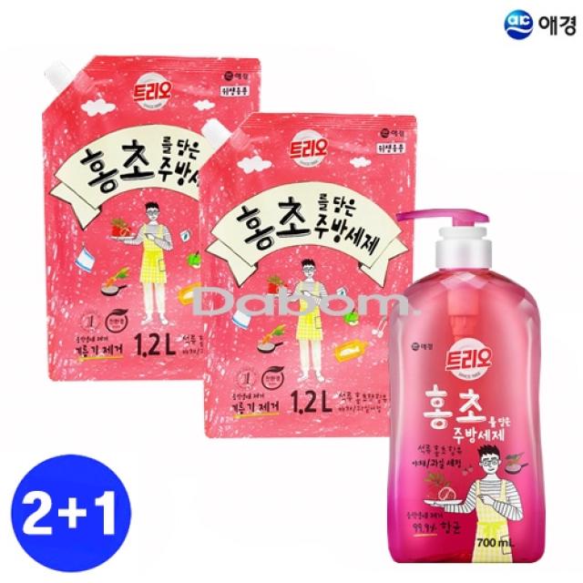 다봄마켓 [애경트리오]야채 과일 세정ok~홍초를 담은 주방세제 리필1.2L 2개+용기700ml 1개