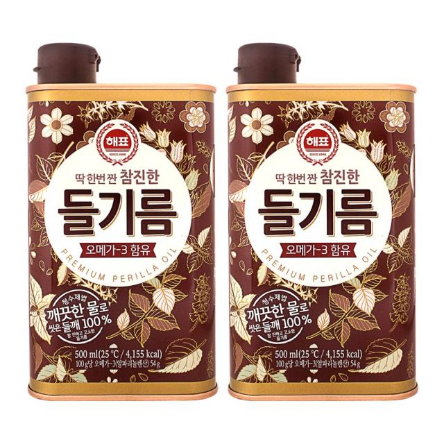 해표 딱 한번 짠 참진한 들기름, 2개, 500ml