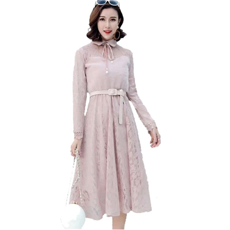 2018 봄 우아한 기질 드레스 여성 레이스 턴 다운 칼라 긴 소매 드레스 섬세한 작은 옷깃 mid calf vestidos