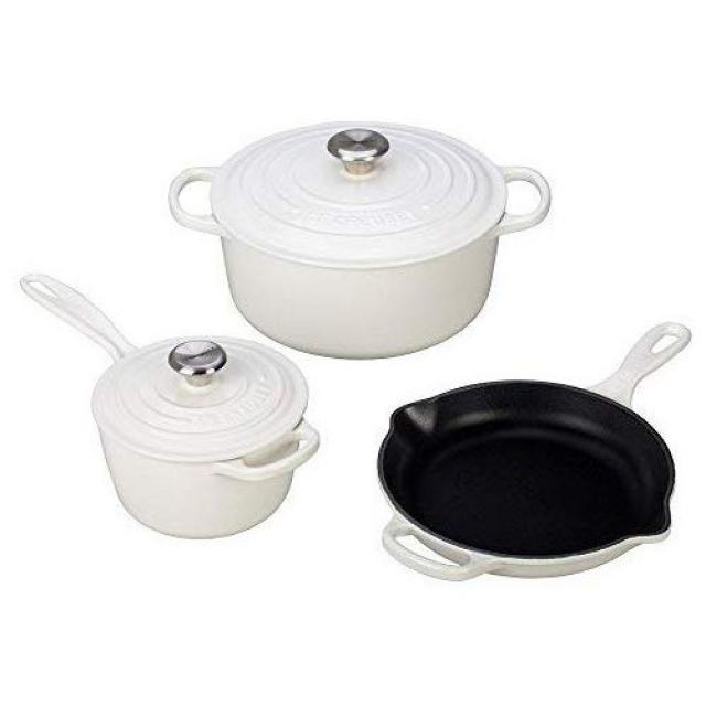 르크루제 냄비 & 프라이팬 세트 Le Creuset MS1605-2 Signature Enameled Cast Iron Cookware Set 5-Piece Flame, 본문참고, Color = White