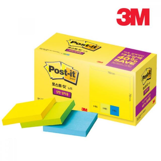 3M 포스트잇 대용량팩 76mm x 15패드 제접착 끈끈이 부착 문구 접착종이