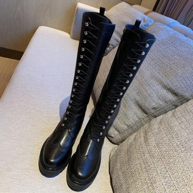 니하이 웨스턴 두꺼운 종아리 통넓은 굽없는 통큰 싸이 반 롱 앵클부츠부추 슈퍼미남인은 크고 가늘다! 브록 레더 라운드 투 무릎길이 네트 브리티시