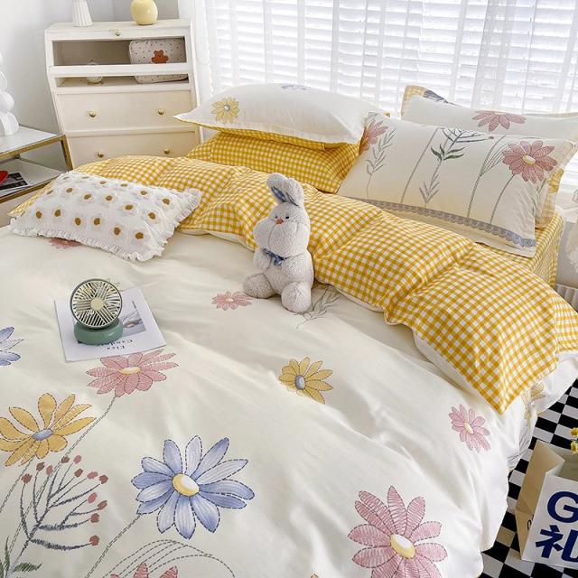 Nordic ins 침대 4종 세트 순면 면 100작은 신선한 이불 커버 시트 이불 침대 커버 기숙사 3종 세트