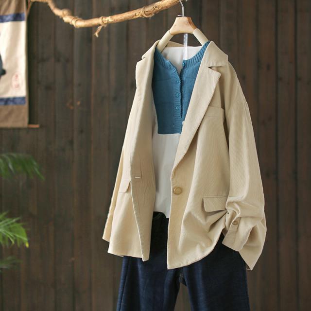 서모자라다 블루 마크 가을 복고등 코르덴 캐주얼 정장 코트 여성 와이드 루즈핏 슬림핏 양복 상의